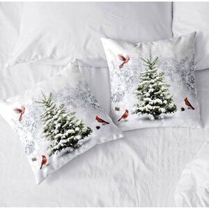 Winter Scene Pillow Covers 24 x 24" Cardinal & Snowy Pine Tree Hidden Zipper New